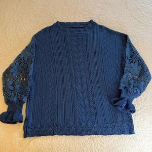 Knit Lacy Crochet Cable Sweater Womens Large Long Sleeves Blue Cottage Core Boho